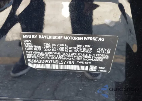 2022 BMW X3 Sdrive30I z USA, uszkodzony, nr VIN 5UX43DP07N9L57795